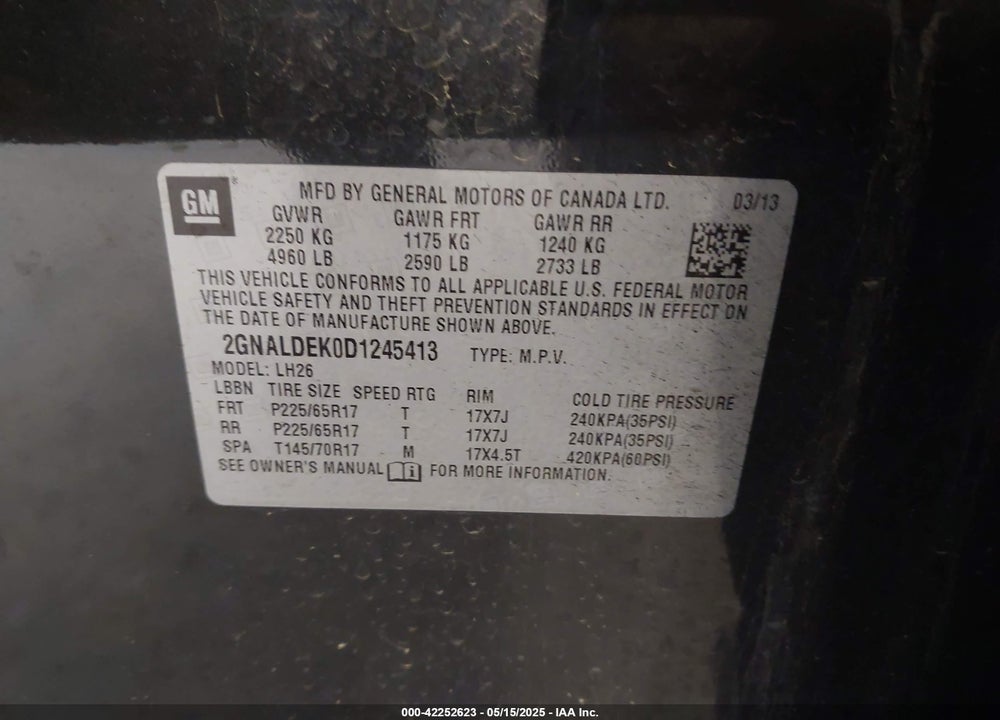 2013 CHEVROLET EQUINOX VIN: 2GNALDEK0D1245413