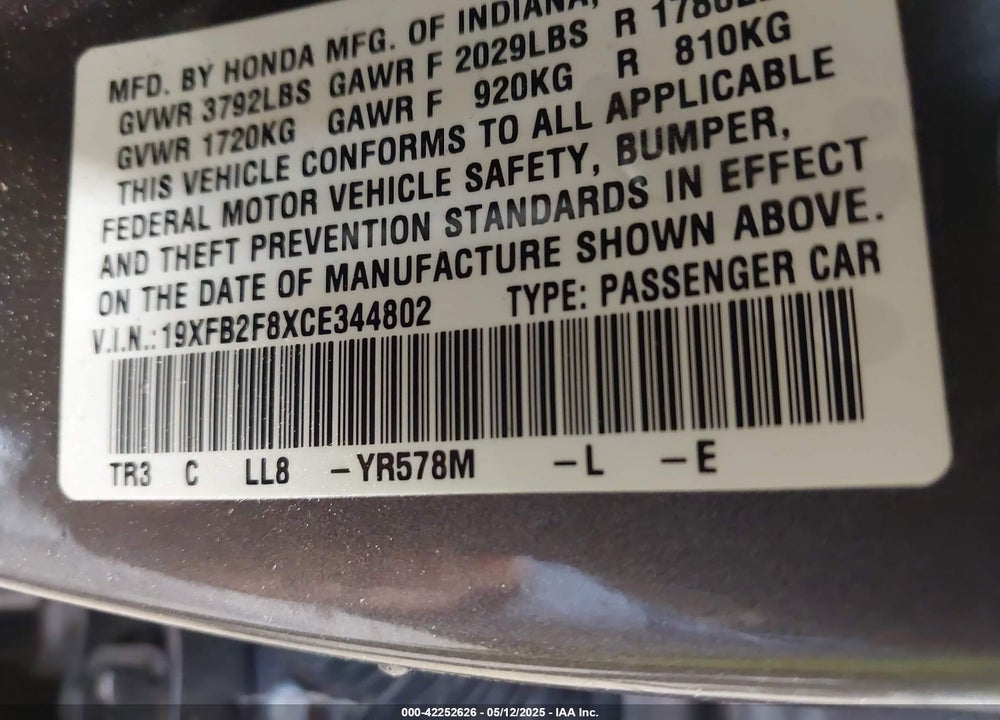 2012 HONDA CIVIC EX VIN: 19XFB2F8XCE344802