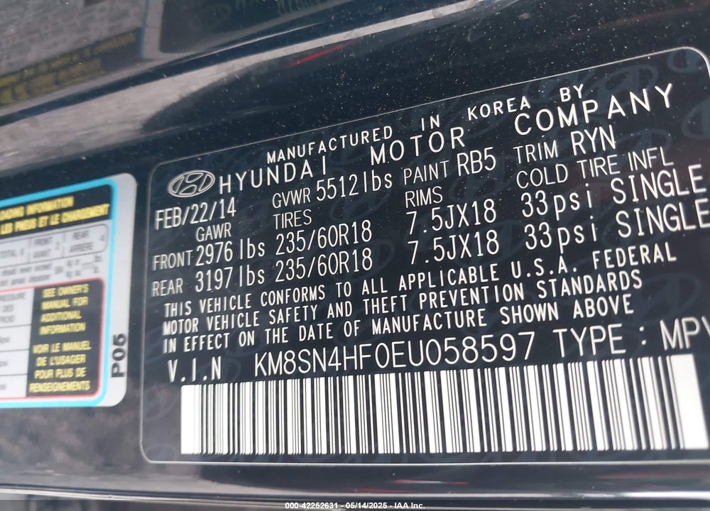 2014 HYUNDAI SANTA FE VIN: KM8SN4HF0EU058597