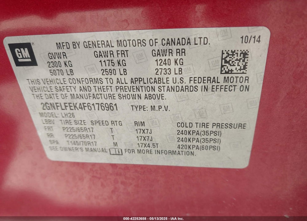 2015 CHEVROLET EQUINOX 1LT VIN: 2GNFLFEK4F6176961