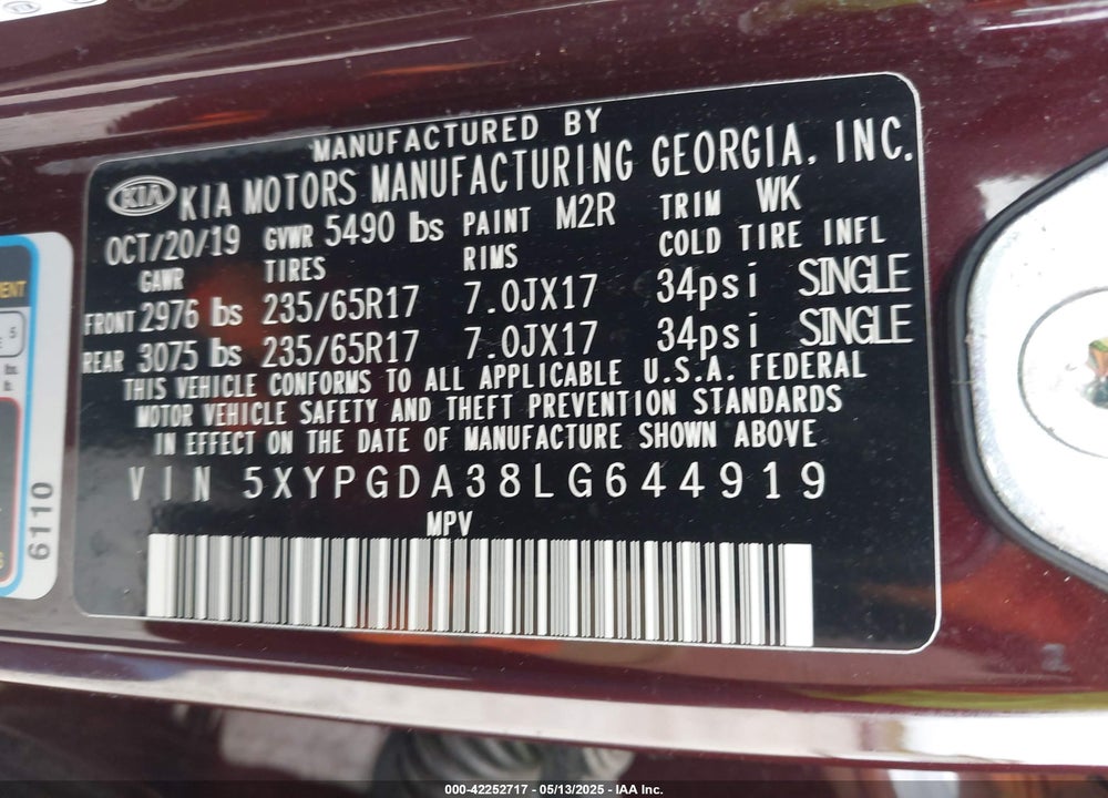 2020 KIA SORENTO 2.4L LX VIN: 5XYPGDA38LG644919