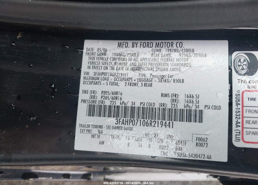 2006 FORD FUSION SE VIN: 3FAHP07106R219441
