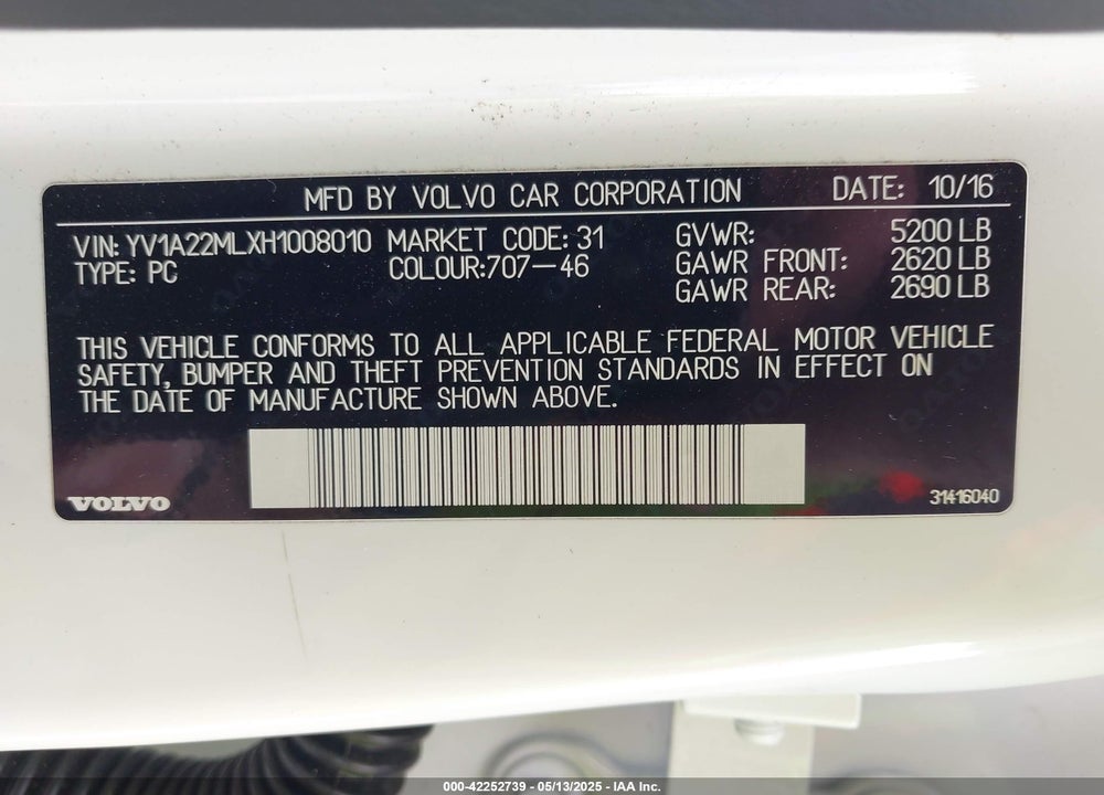 2017 VOLVO S90 VIN: YV1A22MLXH1008010