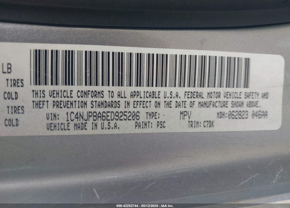 2014 JEEP PATRIOT VIN: 1C4NJPBA6ED925206