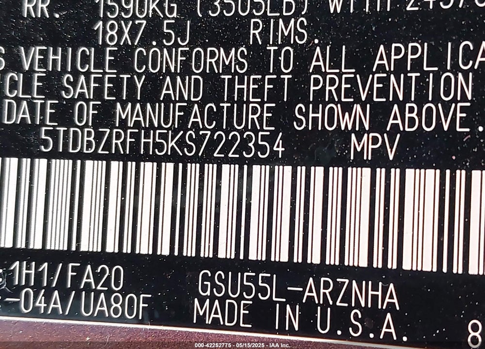 2019 TOYOTA HIGHLANDER VIN: 5TDBZRFH5KS722354