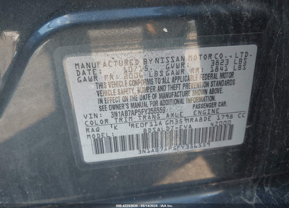2015 NISSAN SENTRA VIN: 3N1AB7AP5FY356559