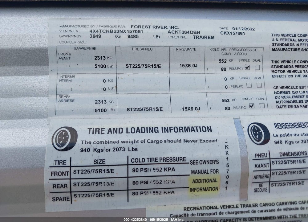 2022 FOREST RIVER OTHER VIN: 4X4TCKB23NX157061