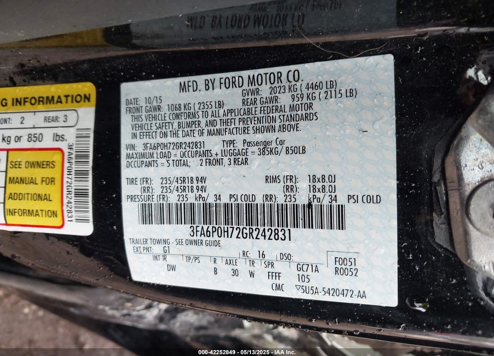 2016 FORD FUSION SE VIN: 3FA6P0H72GR242831