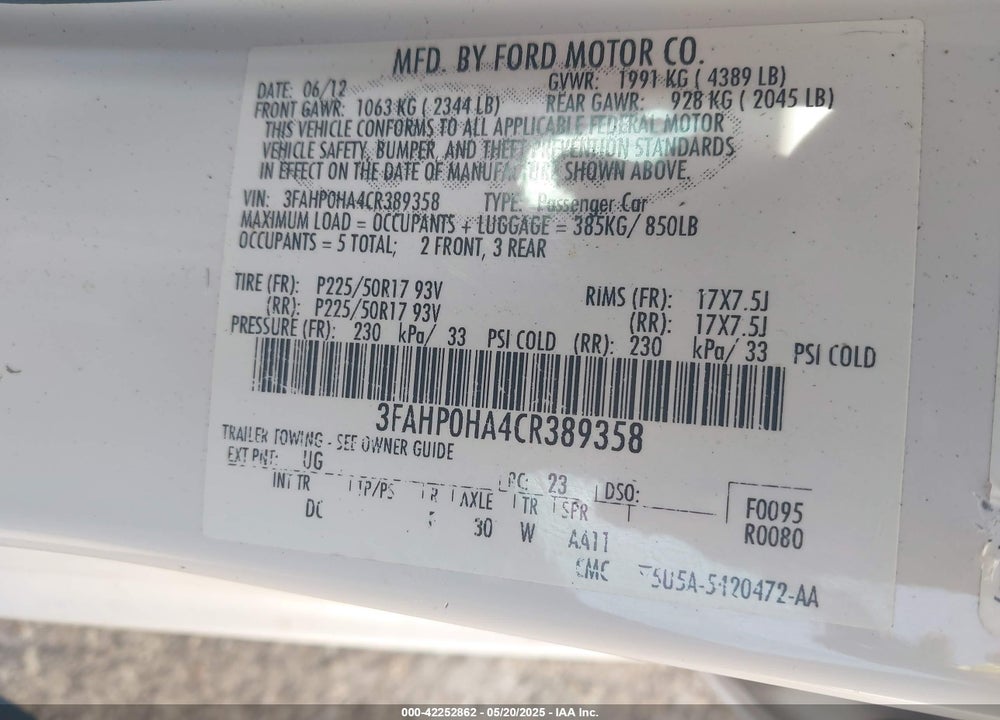 2012 FORD FUSION VIN: 3FAHP0HA4CR389358