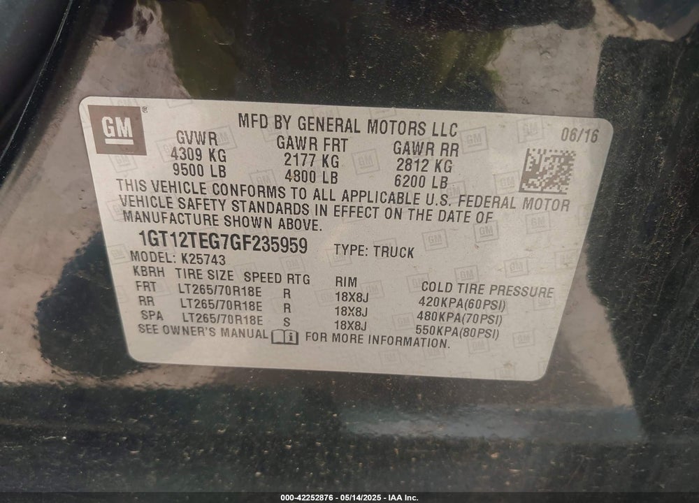 2016 GMC SIERRA VIN: 1GT12TEG7GF235959