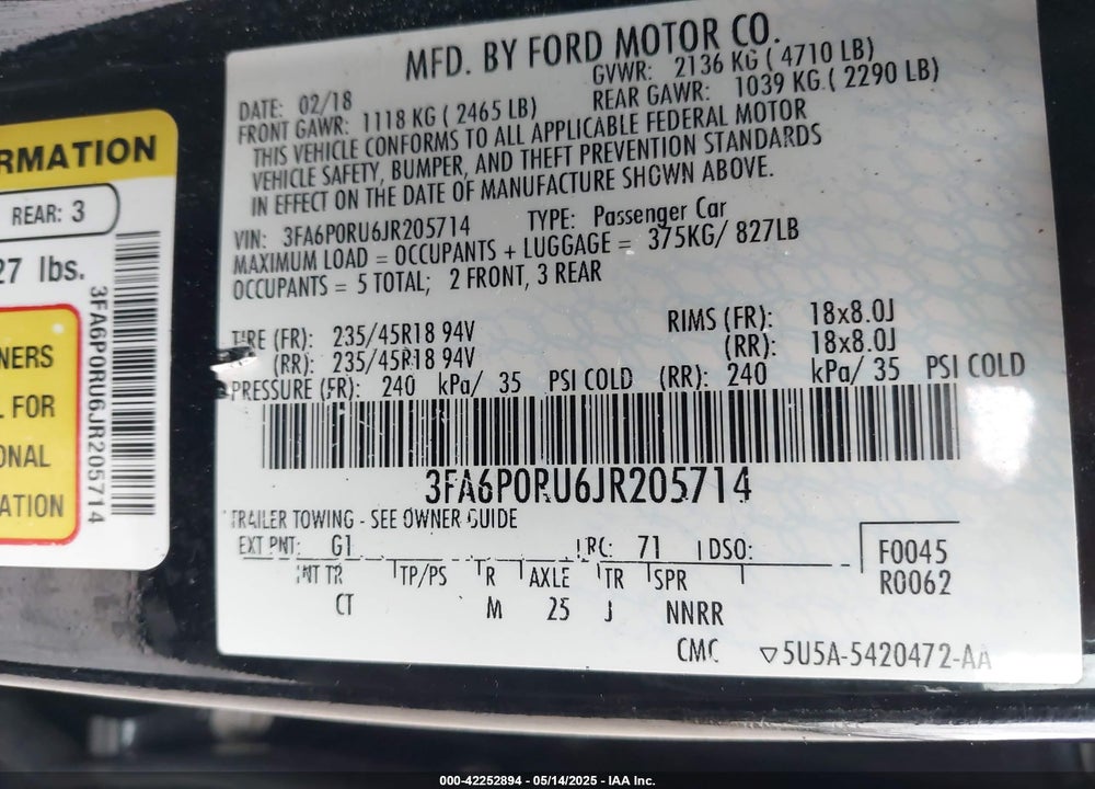 2018 FORD FUSION HYBRID VIN: 3FA6P0RU6JR205714
