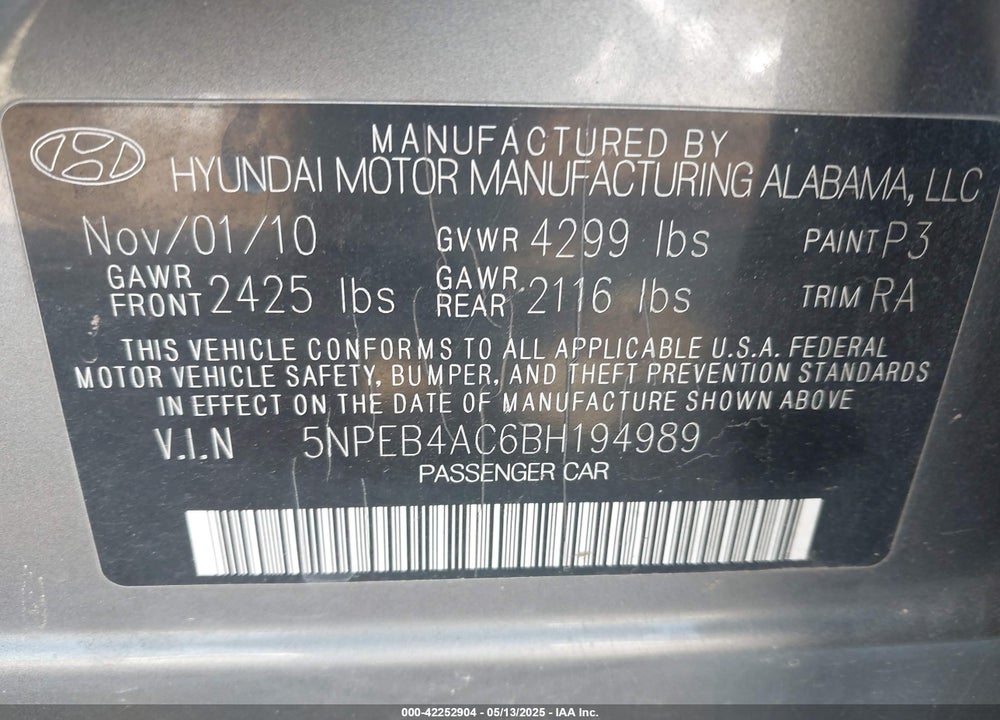 2011 HYUNDAI SONATA VIN: 5NPEB4AC6BH194989