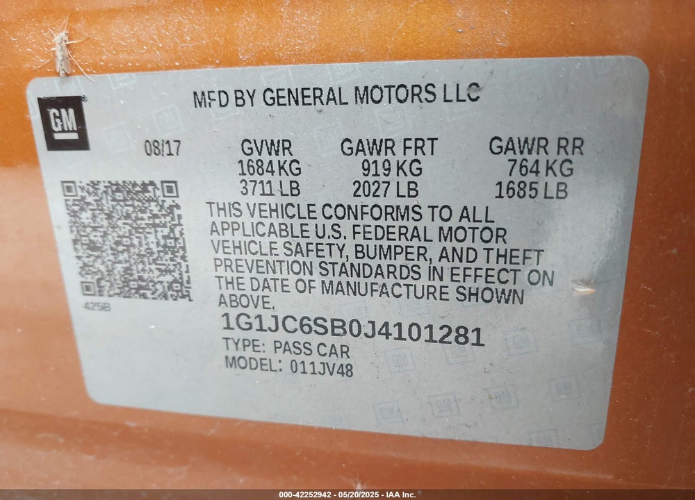 2018 CHEVROLET SONIC VIN: 1G1JC6SB0J4101281