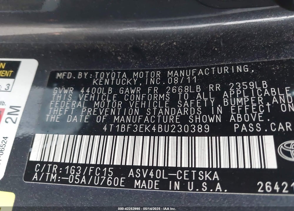 2011 TOYOTA CAMRY SE VIN: 4T1BF3EK4BU230389