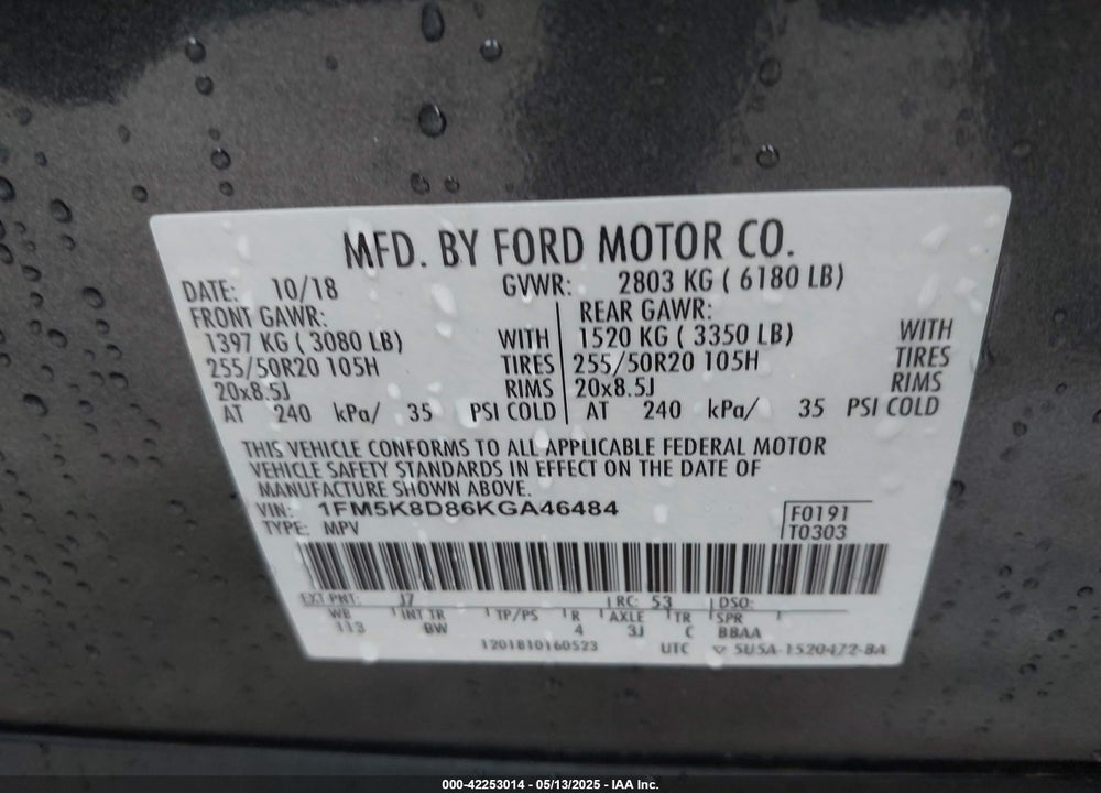 2019 FORD EXPLORER VIN: 1FM5K8D86KGA46484