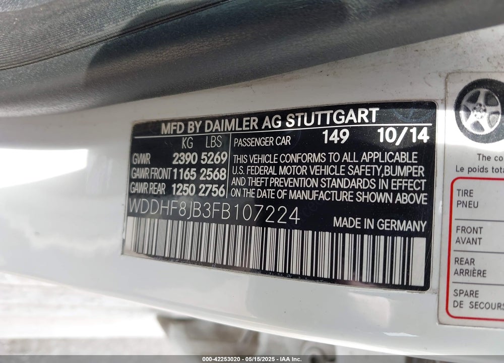 2015 MERCEDES-BENZ E-CLASS VIN: WDDHF8JB3FB107224