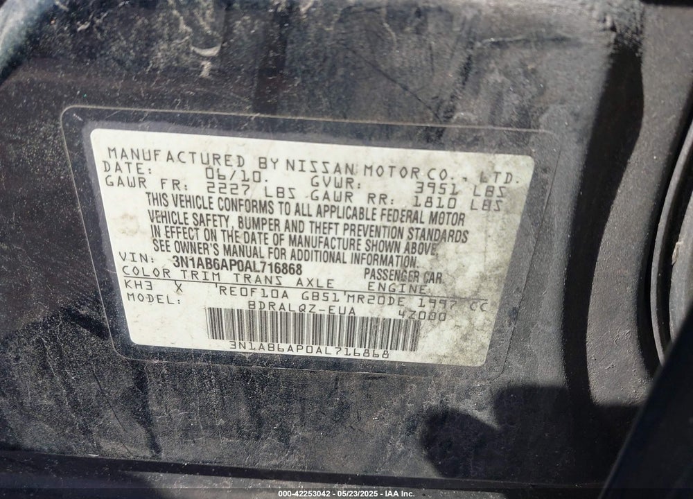 2010 NISSAN SENTRA VIN: 3N1AB6AP0AL716868