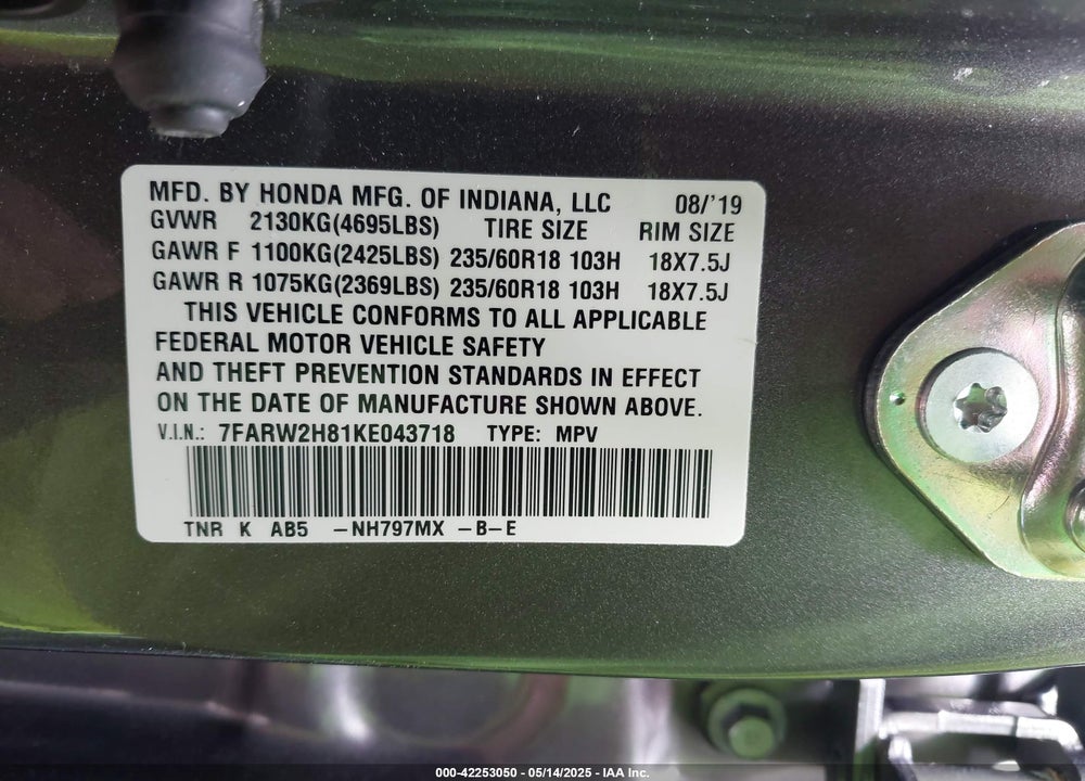 2019 HONDA CR-V VIN: 7FARW2H81KE043718