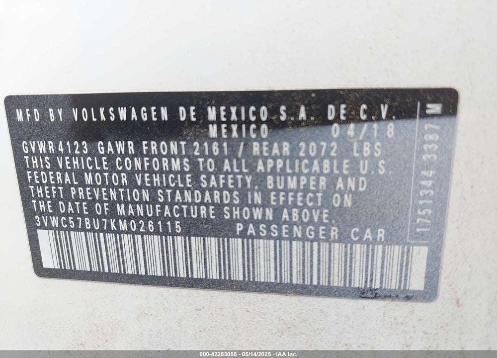 2019 VOLKSWAGEN JETTA VIN: 3VWC57BU7KM026115
