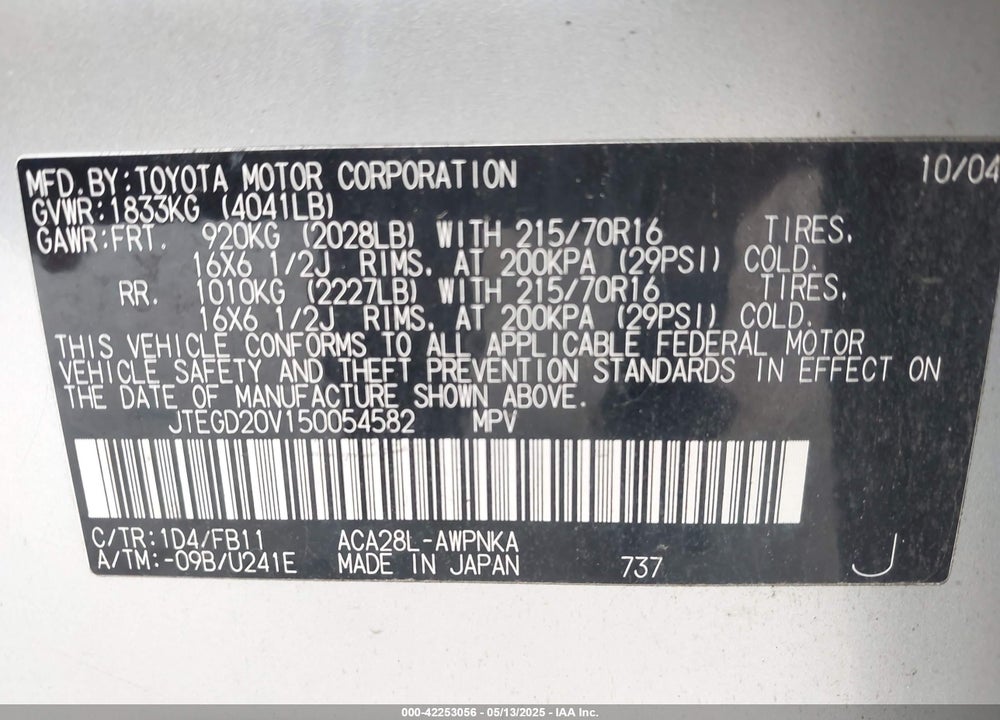 2005 TOYOTA RAV4 VIN: JTEGD20V150054582