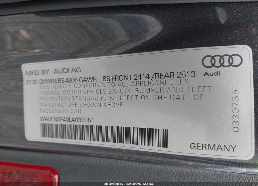 2020 AUDI A4 VIN: WAUENAF40LA039951