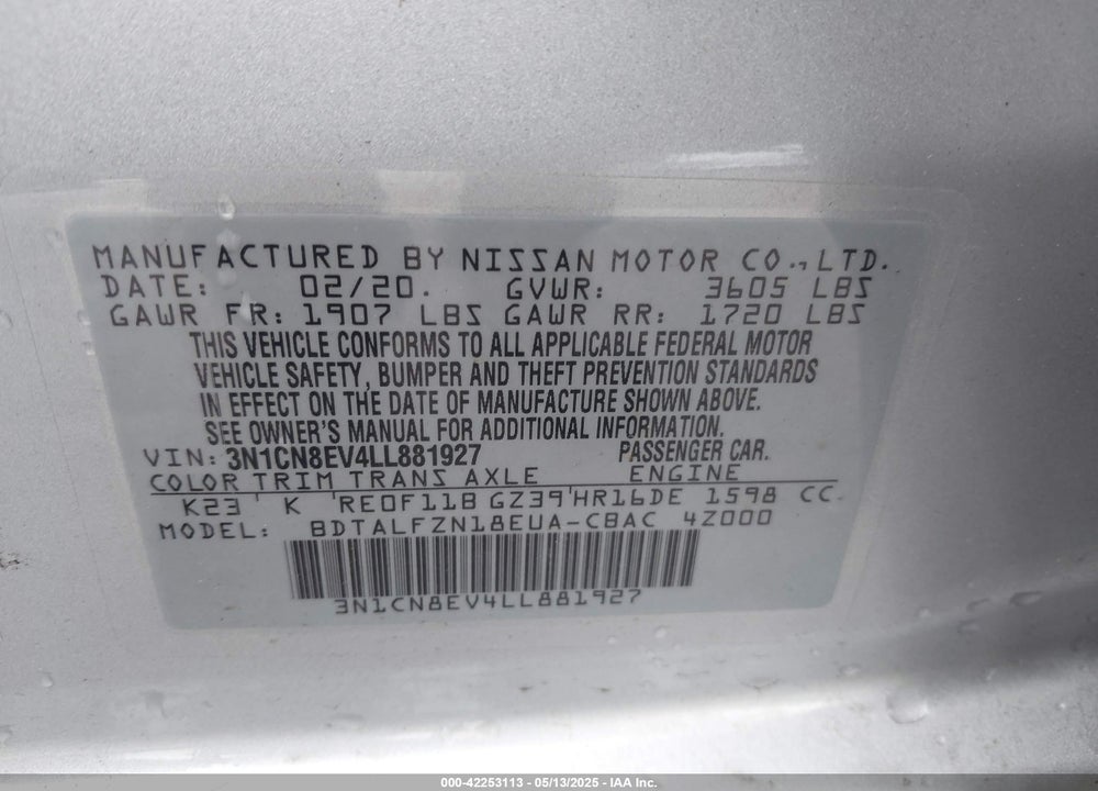 2020 NISSAN VERSA VIN: 3N1CN8EV4LL881927
