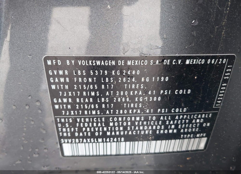 2020 VOLKSWAGEN TIGUAN VIN: 3VV2B7AX5LM142418