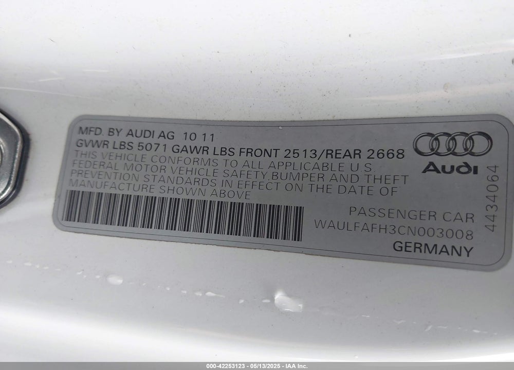 2012 AUDI A5 VIN: WAULFAFH3CN003008