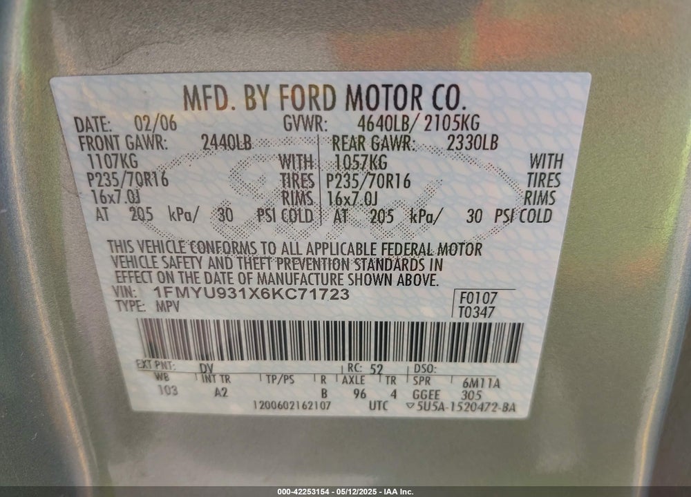 2006 FORD ESCAPE VIN: 1FMYU931X6KC71723