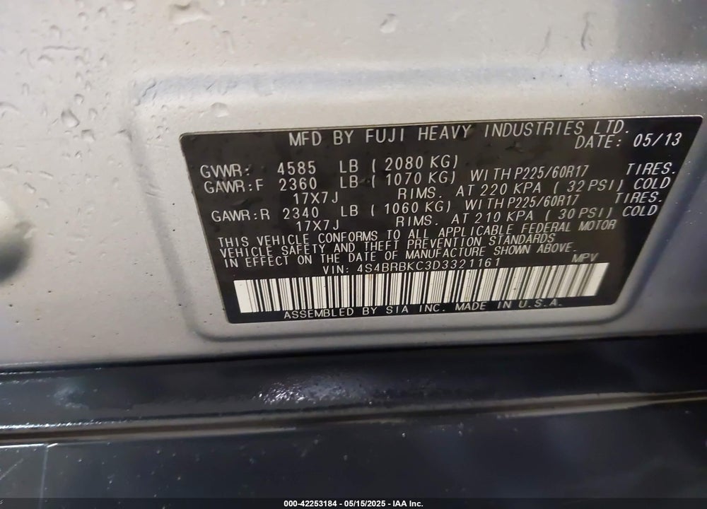 2013 SUBARU OUTBACK VIN: 4S4BRBKC3D3321161