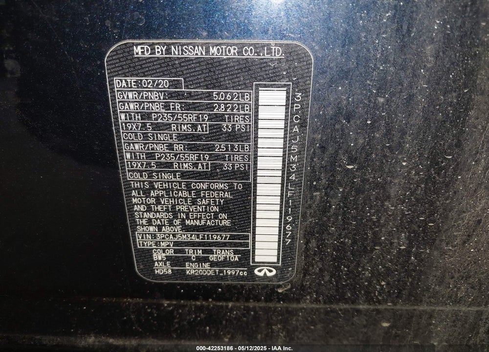 2020 INFINITI QX50 VIN: 3PCAJ5M34LF119677