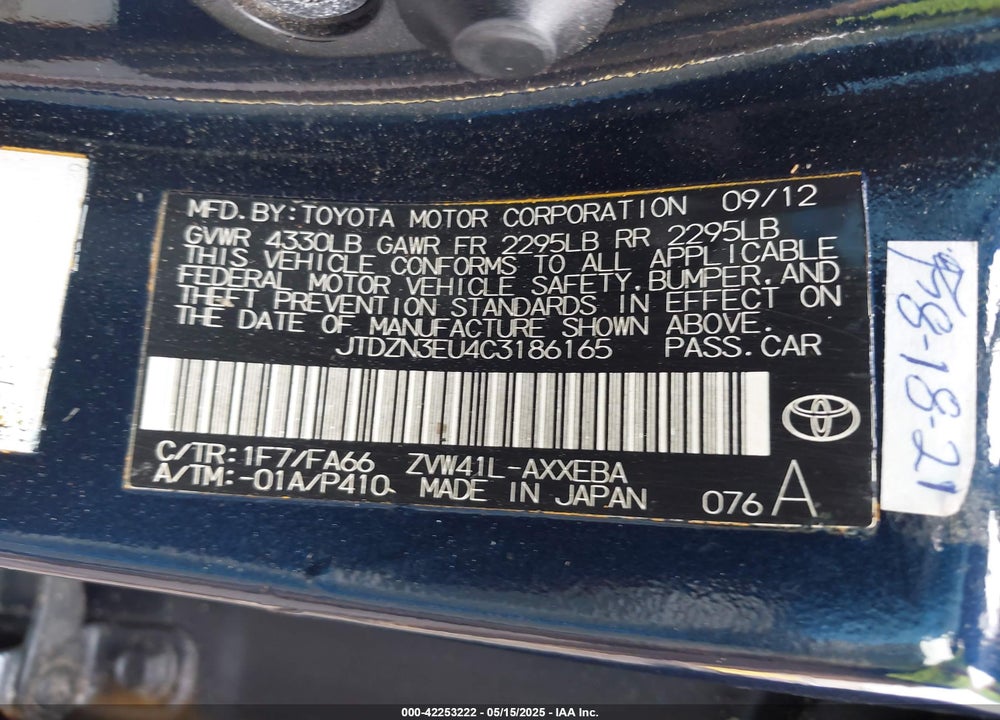 2012 TOYOTA PRIUS V VIN: JTDZN3EU4C3186165