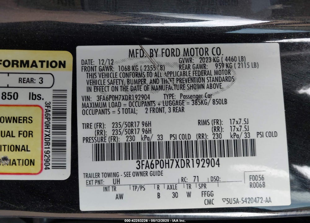 2013 FORD FUSION SE VIN: 3FA6P0H7XDR192904