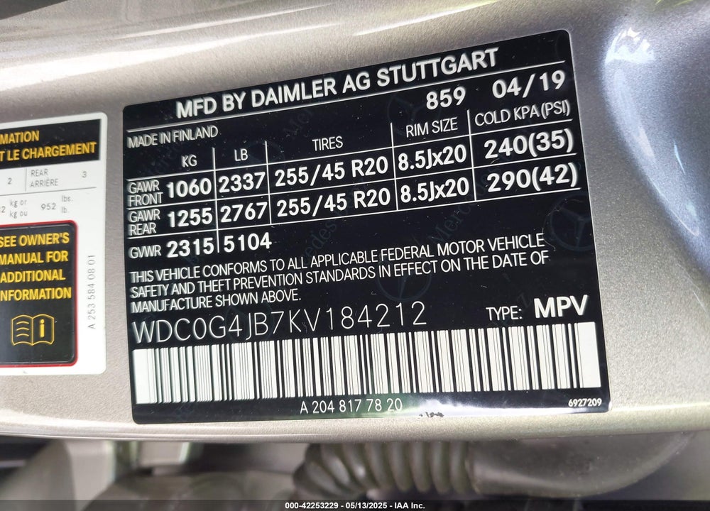 2019 MERCEDES-BENZ GLC 300 VIN: WDC0G4JB7KV184212