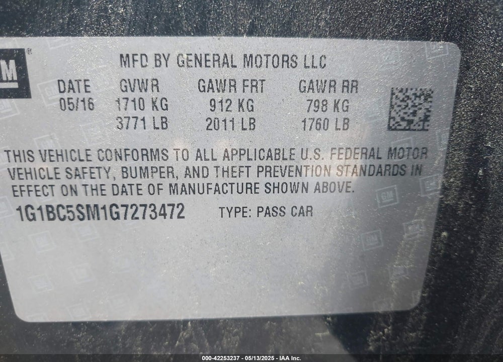 2016 CHEVROLET CRUZE VIN: 1G1BC5SM1G7273472