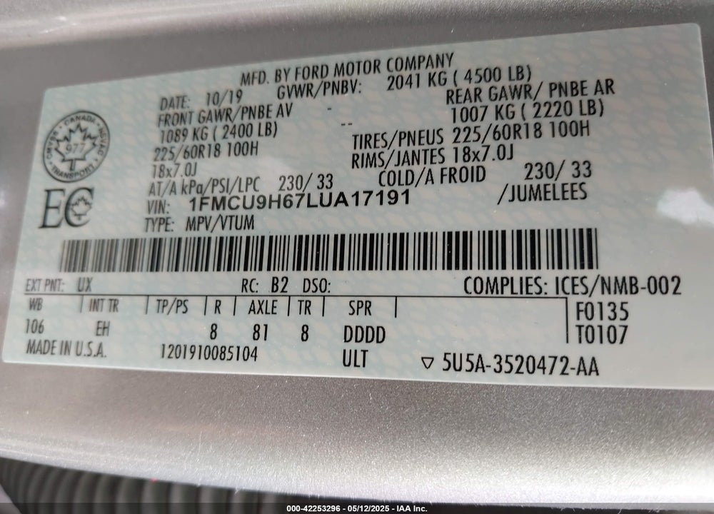 2020 FORD ESCAPE VIN: 1FMCU9H67LUA17191