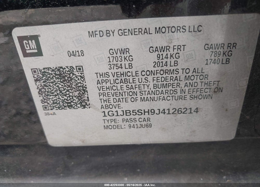 2018 CHEVROLET SONIC VIN: 1G1JB5SH9J4126214