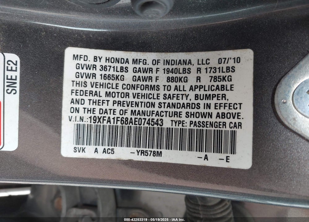 2010 HONDA CIVIC VIN: 19XFA1F68AE074543