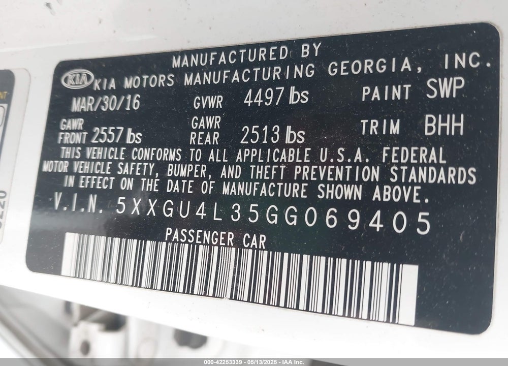 2016 KIA OPTIMA VIN: 5XXGU4L35GG069405