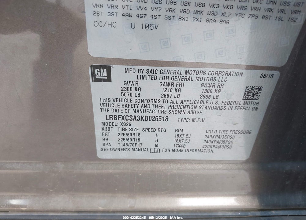 2019 BUICK ENVISION FWD ESSENCE VIN: LRBFXCSA3KD026518
