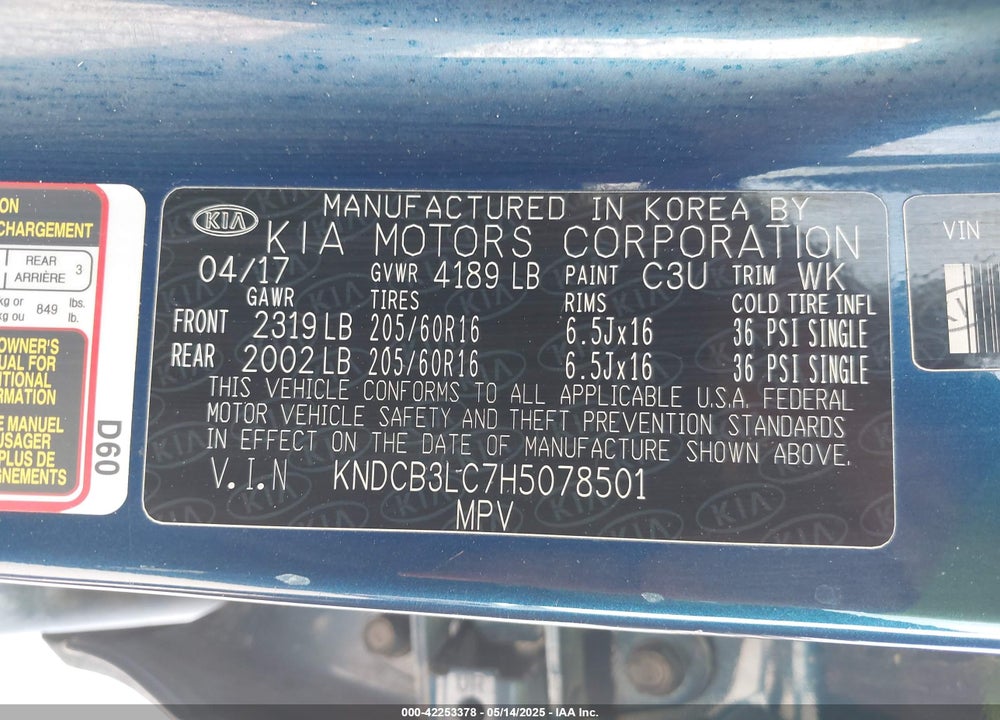 2017 KIA NIRO VIN: KNDCB3LC7H5078501