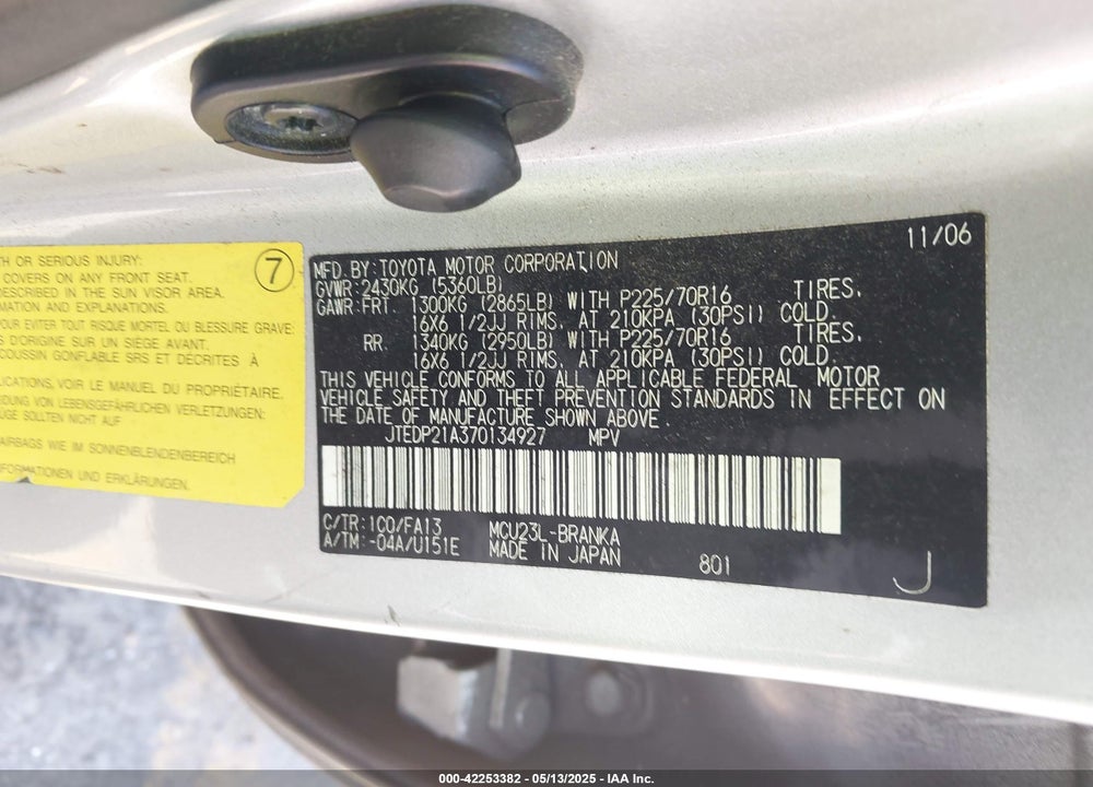 2007 TOYOTA HIGHLANDER VIN: JTEDP21A370134927