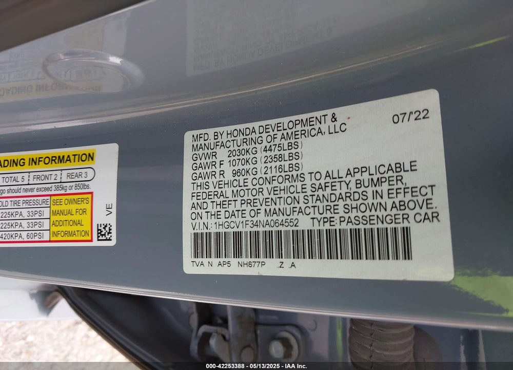 2022 HONDA ACCORD SPORT VIN: 1HGCV1F34NA064552