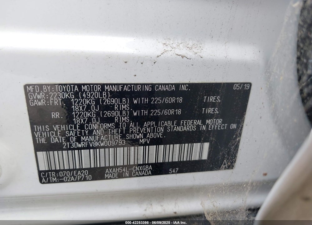 2019 TOYOTA RAV4 HYBRID VIN: 2T3DWRFV8KW009793