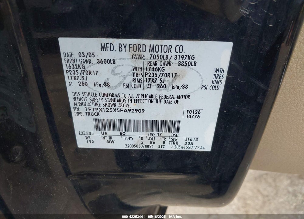2005 FORD F-150 VIN: 1FTPX125X5FA92909