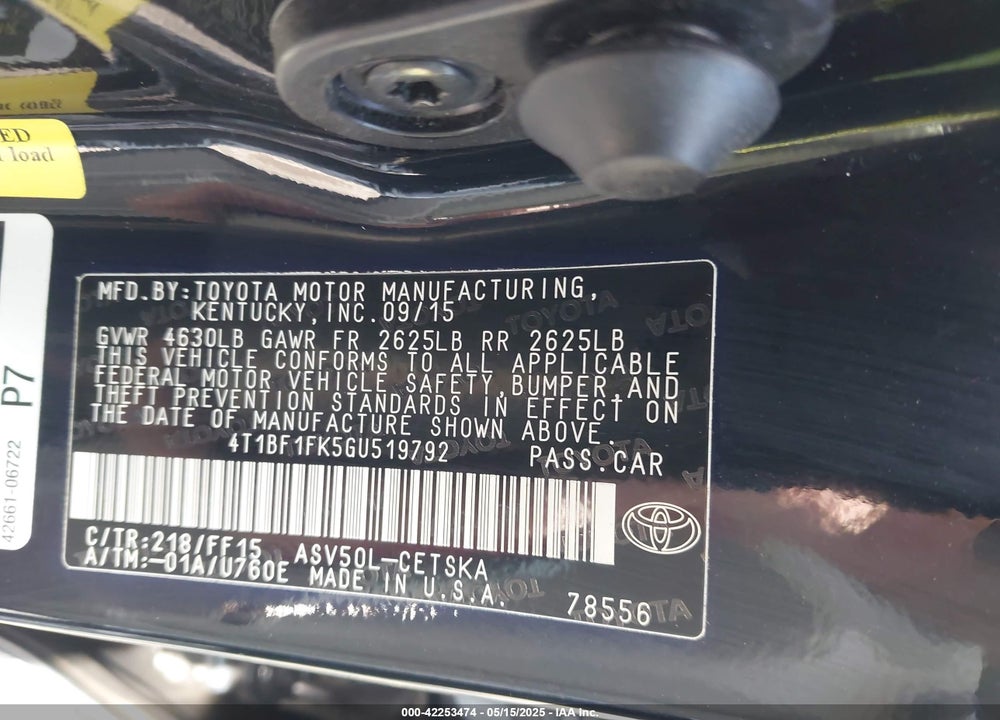 2016 TOYOTA CAMRY VIN: 4T1BF1FK5GU519792