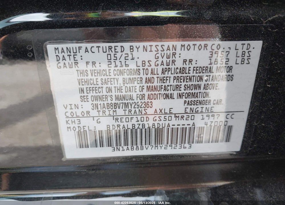 2021 NISSAN SENTRA VIN: 3N1AB8BV7MY292363