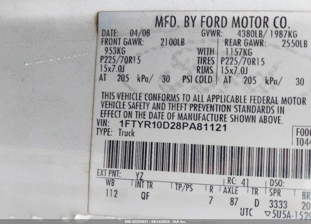 2008 FORD RANGER XL/XLT VIN: 1FTYR10D28PA81121