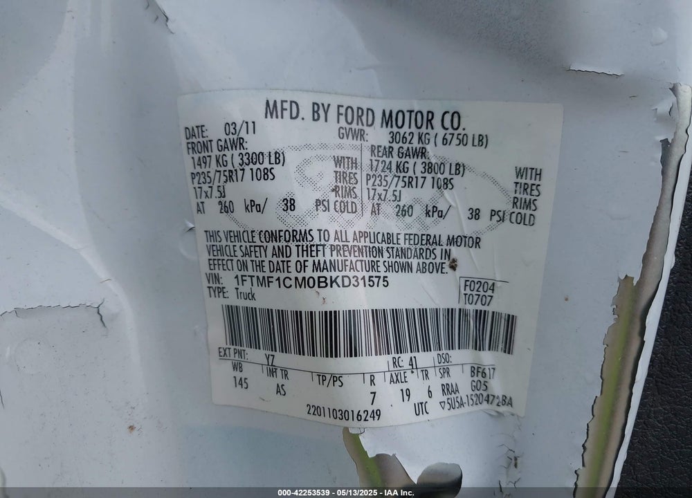2011 FORD F-150 XL VIN: 1FTMF1CM0BKD31575