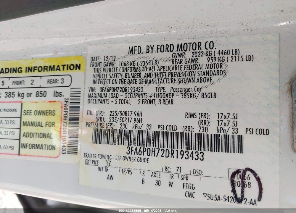 2013 FORD FUSION SE VIN: 3FA6P0H72DR193433
